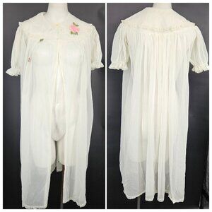 Vintage Michele Robe Cover 32 White Sheer Nylon Lace Peignoir Rose 60s Romantic